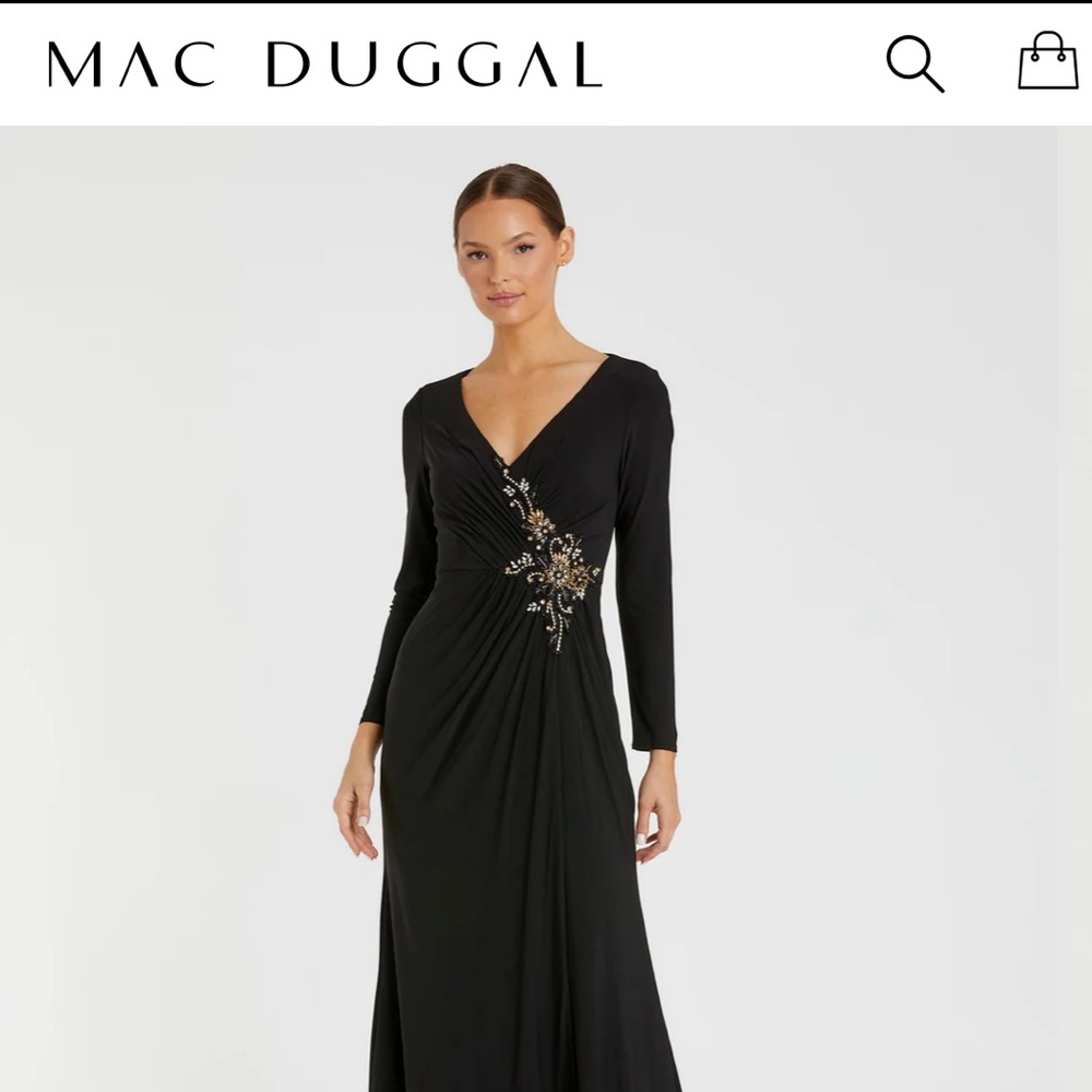 Mac Duggal Faux Wrap Long Sleeve Gown w/ Appliqué Detail